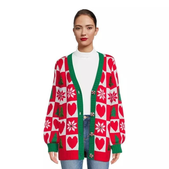 No Boundaries XXL Citron Santa Clause Ugly Christmas Button Up Cardigan - Picture 1 of 9
